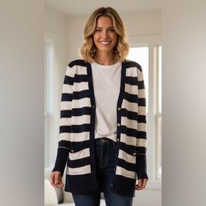 Cache white/dark blue/gold stripes/trim V-neck sweater, great condition, Small